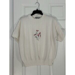 Bay Point Threads Granny Short Sleeve Sweater Medium Embroidered Floral Vintage